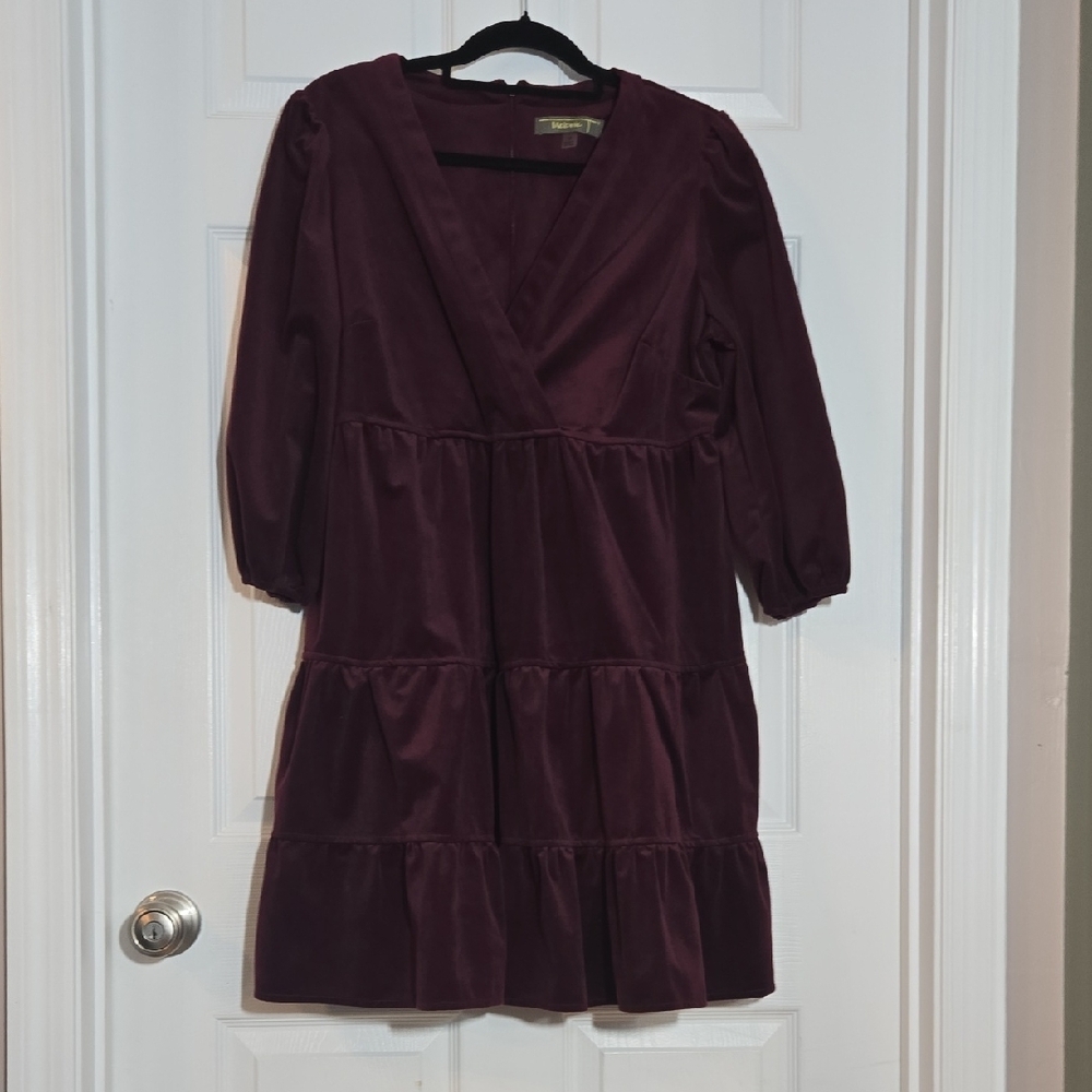 Melonie T Burgundy V-Neck Tiered Corduroy Dress Size 14 - Picture 5 of 8